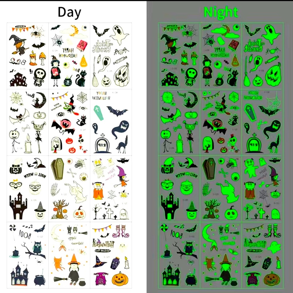Halloween Tattoos Glow-in-the-Dark Pumpkins Witches Vampires Spiders Skulls